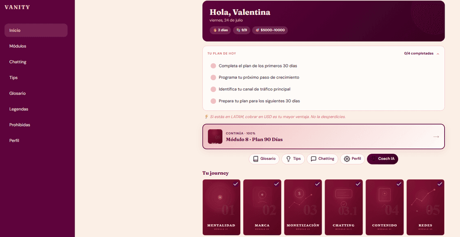 Dashboard de la plataforma Vanity Academy con módulos y consejos diarios