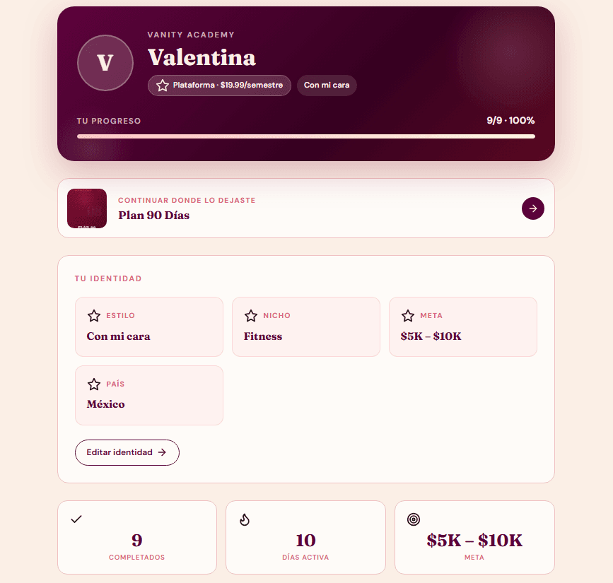 Perfil personalizado con nicho, meta mensual y estilo de contenido